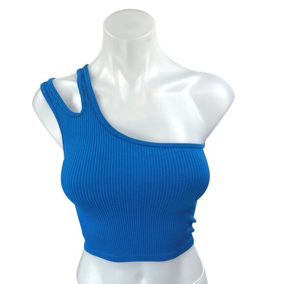 Zara Blue Sleeveless Rib Knit One Shoulder Cutout Pullover Crop Tank Top Sz XS/S - Picture 1 of 3